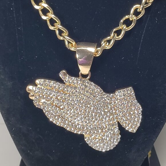 Gold-Tone Chunky Chain Necklace w/ Praying Hands Pendant  Unisex Fashion Jewelry - Picture 3 of 8